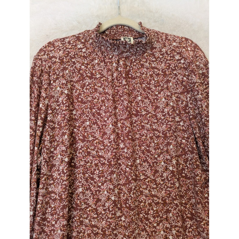 Anne Klein Blouse Women's XL Burgundy Floral Smocked Mock Neck Long Sleeve - Picture 4 of 11